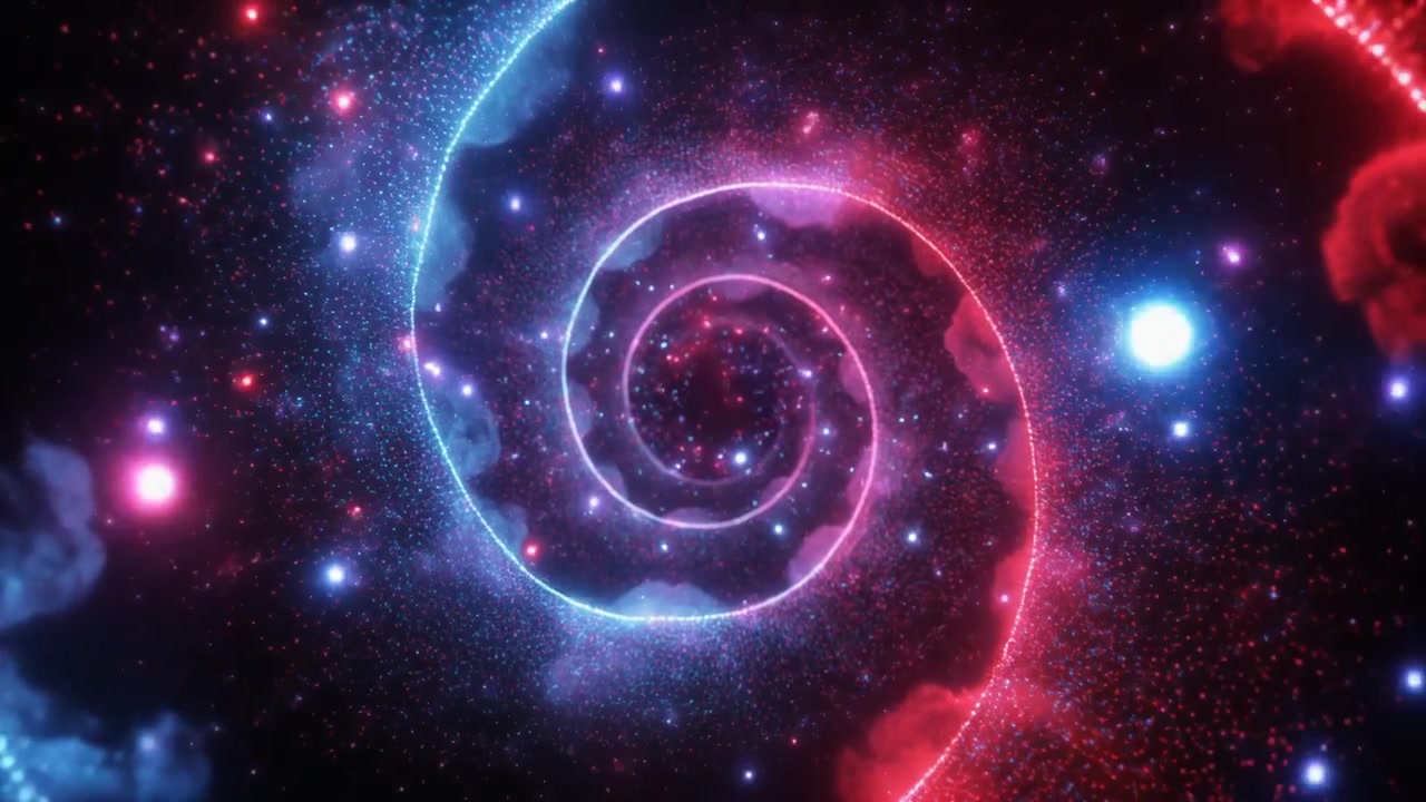 Túnel Espiral Abstrato de Partículas Azuis e Vermelhas Brilhantes