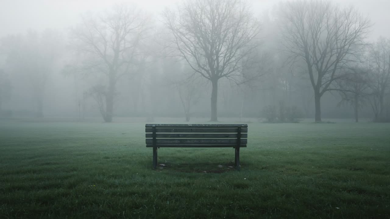 Shifting fog revealing wooden slatted park bench on damp grassy field, showing bare trees