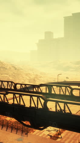 A futuristic city in the desert, with a bridge leading to a building in the distance.