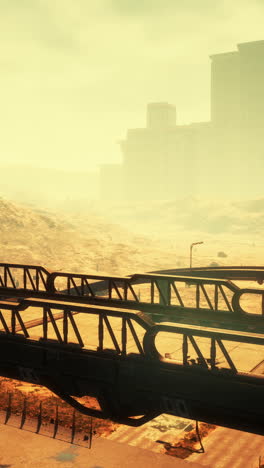 a futuristic city in the desert, with a bridge leading to a building in the distance.