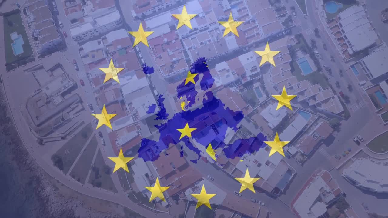 mapa de la ue con estrellas amarillas girando contra la vista aérea del paisaje urbano