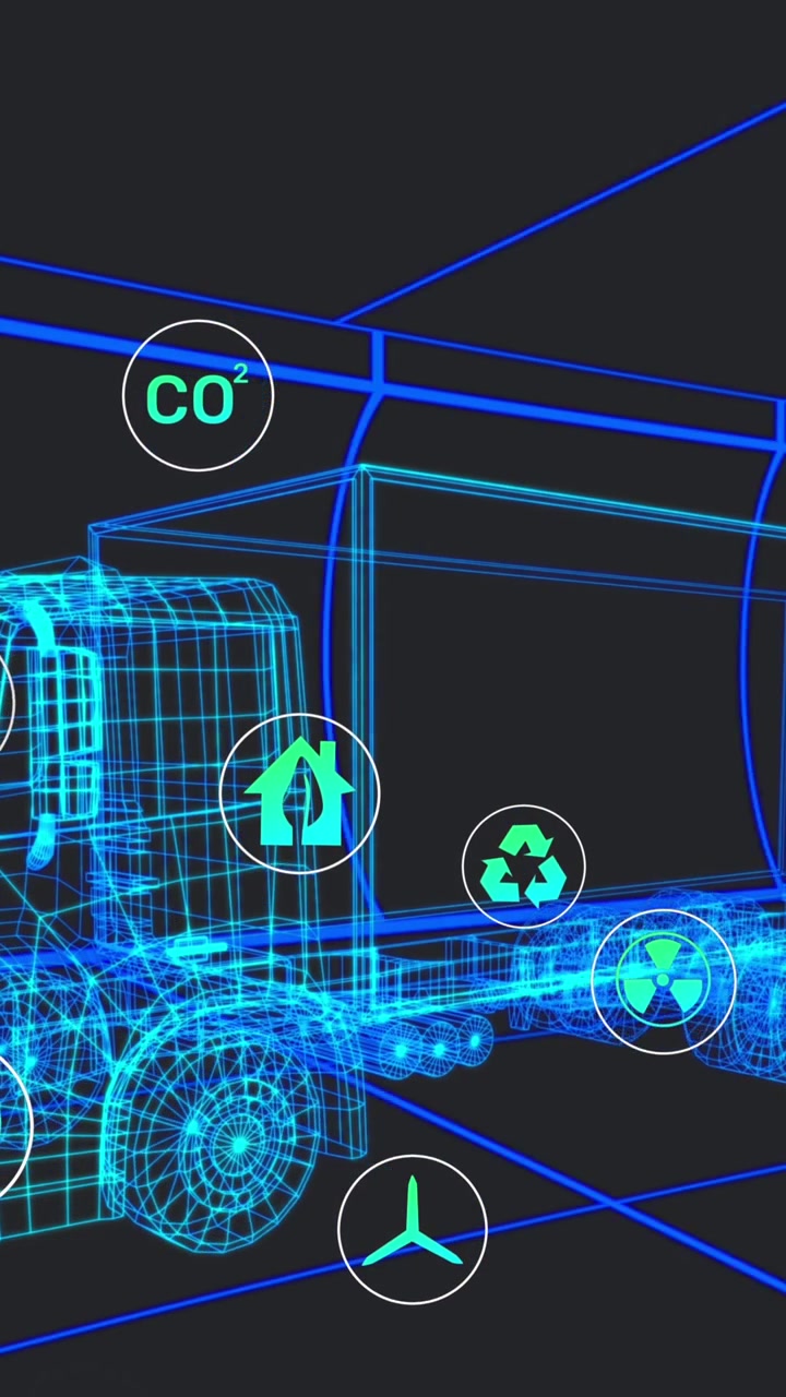 Animazione di diverse icone digitali sopra un modello 3D di camion che si muove con un motivo continuo all'interno di un tunnel.