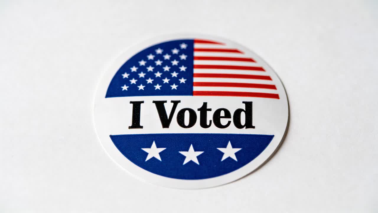Camera holding while I Voted sticker staying centered on white surface, with flag for political use