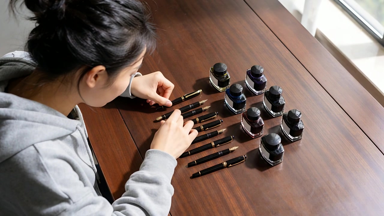 Leaning woman in gray hoodie checking fountain pens at wooden table sorting ink bottles, copy space