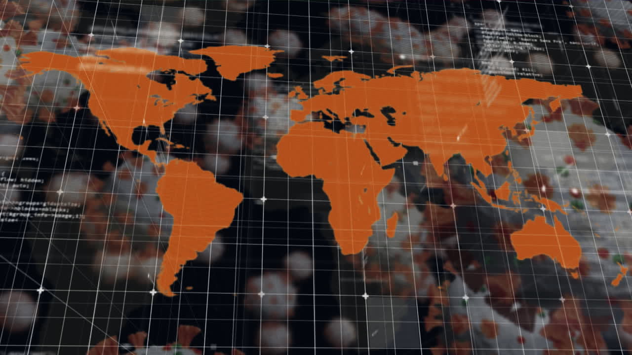 animación de grabación de procesamiento de datos con un mapa del mundo que muestra la propagación global del coronavirus