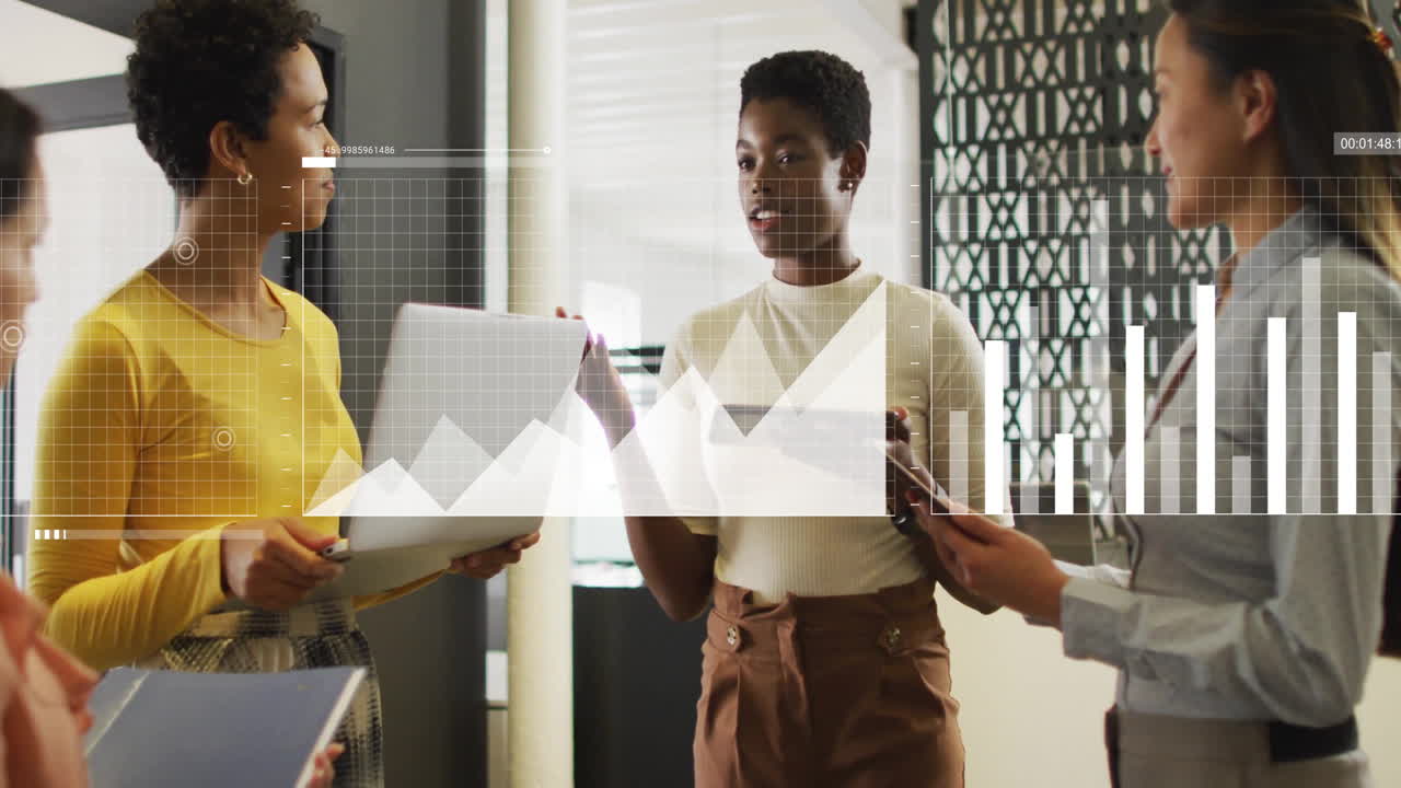 Business data analytics animation over diverse team discussing in office