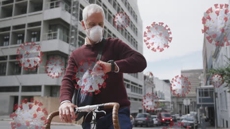 animation of covid 19 cells over senior man wearing face mask