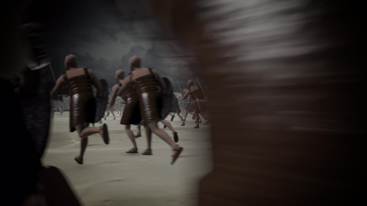 ejército de guerreros antiguos en un campo de batalla