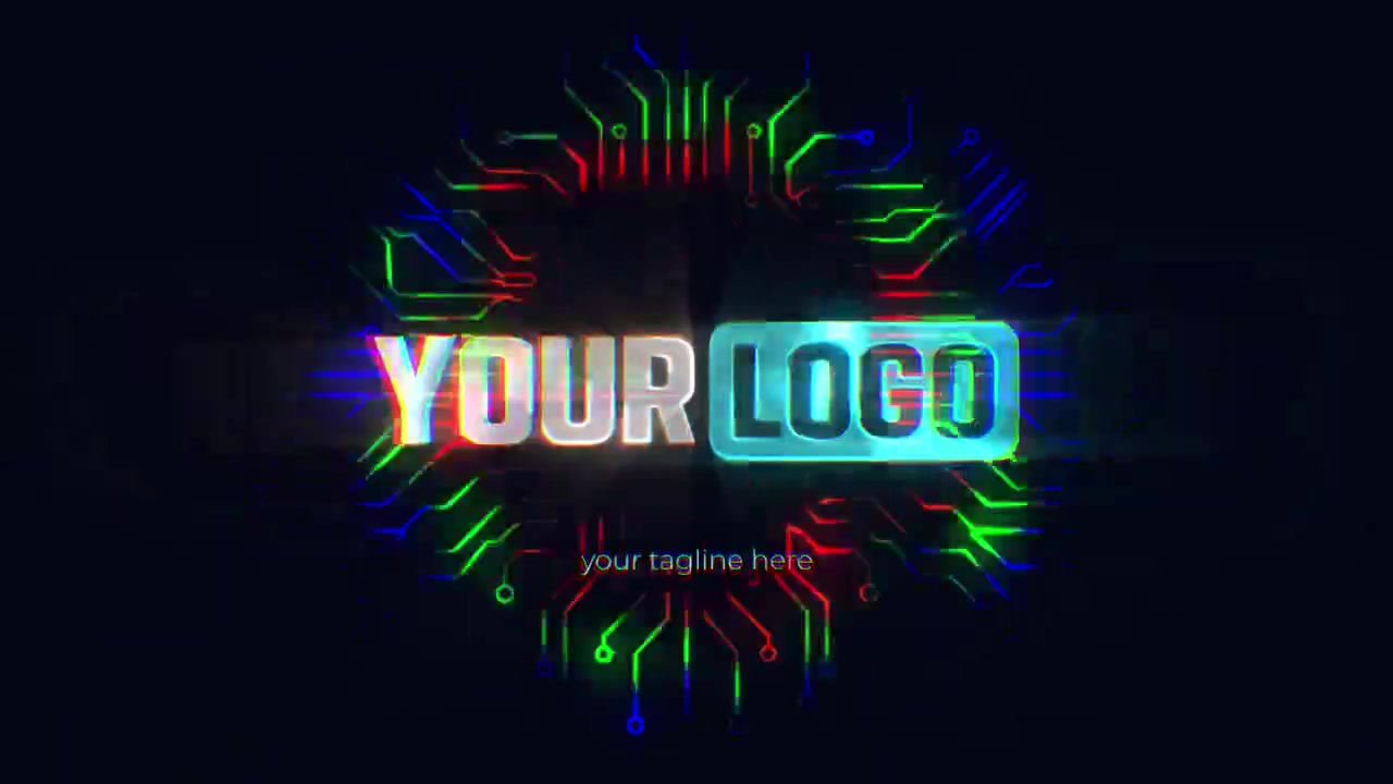 Rivelazione logo con glitch digitale e animazione di circuiti cibernetici.