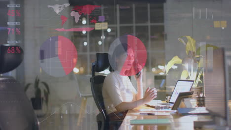 talking on phone and working on laptop, woman with data analytics animation over office