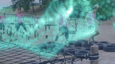 Animation of white spots over diverse women at obstacle course running