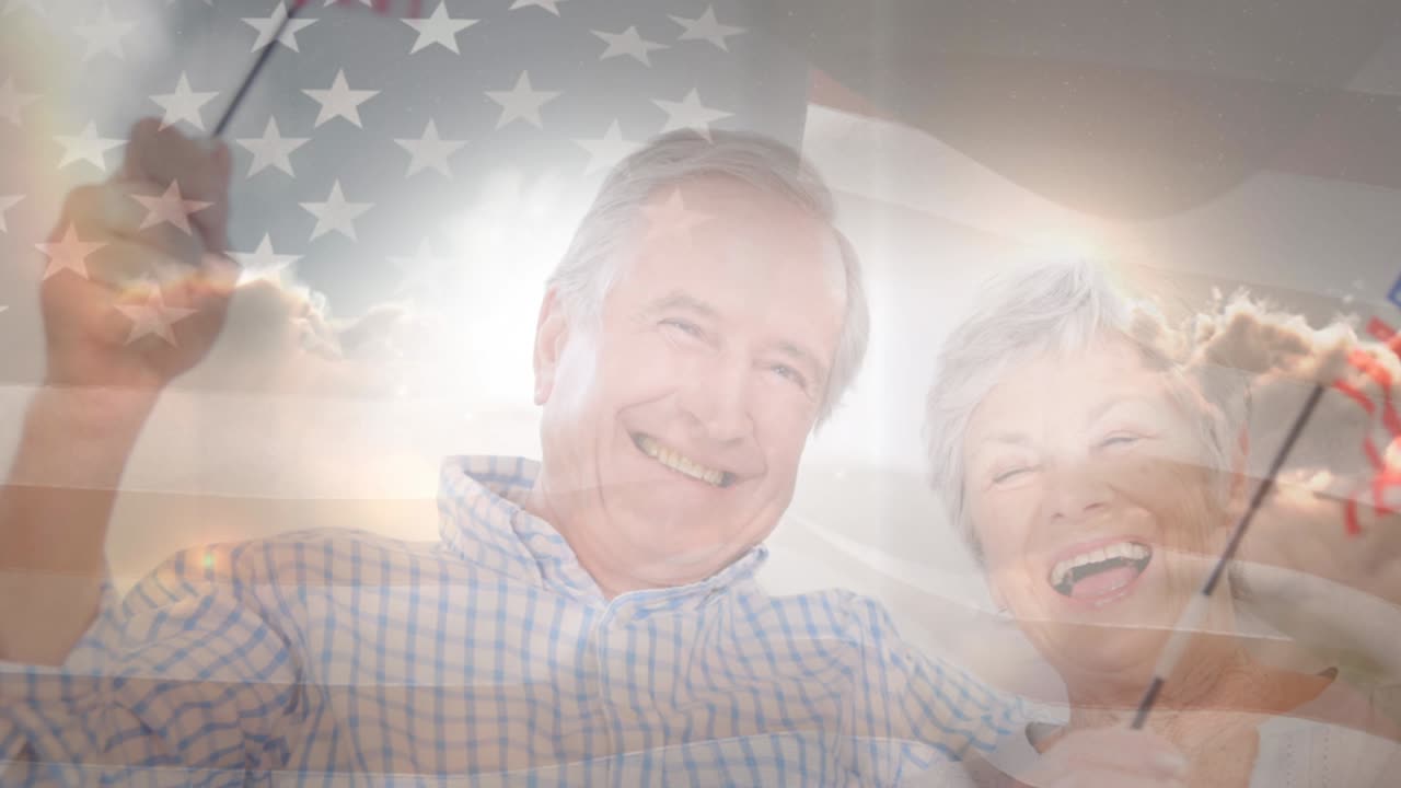 미국 발을 흔들고 있는 행복한 수석 부부의 초상화 위에 반이는 빛의 애니메이션