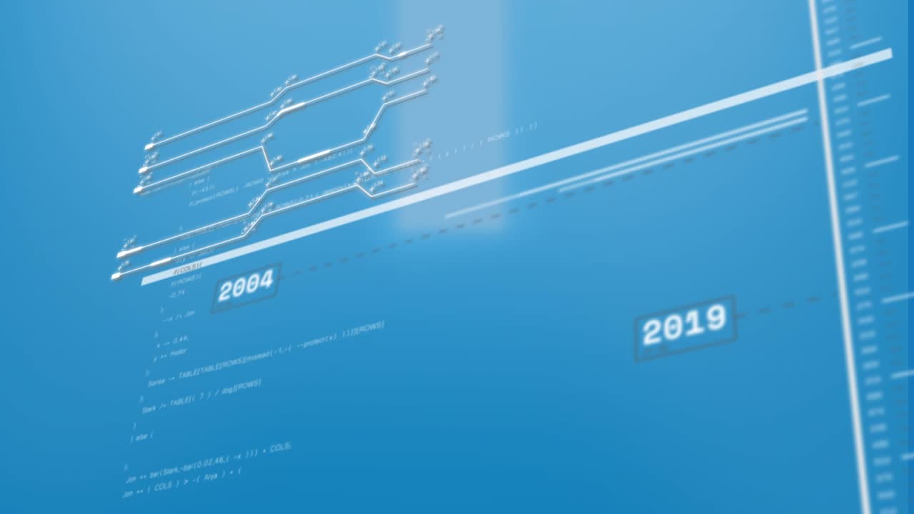 Animazione di interfaccia con elaborazione dati su sfondo blu