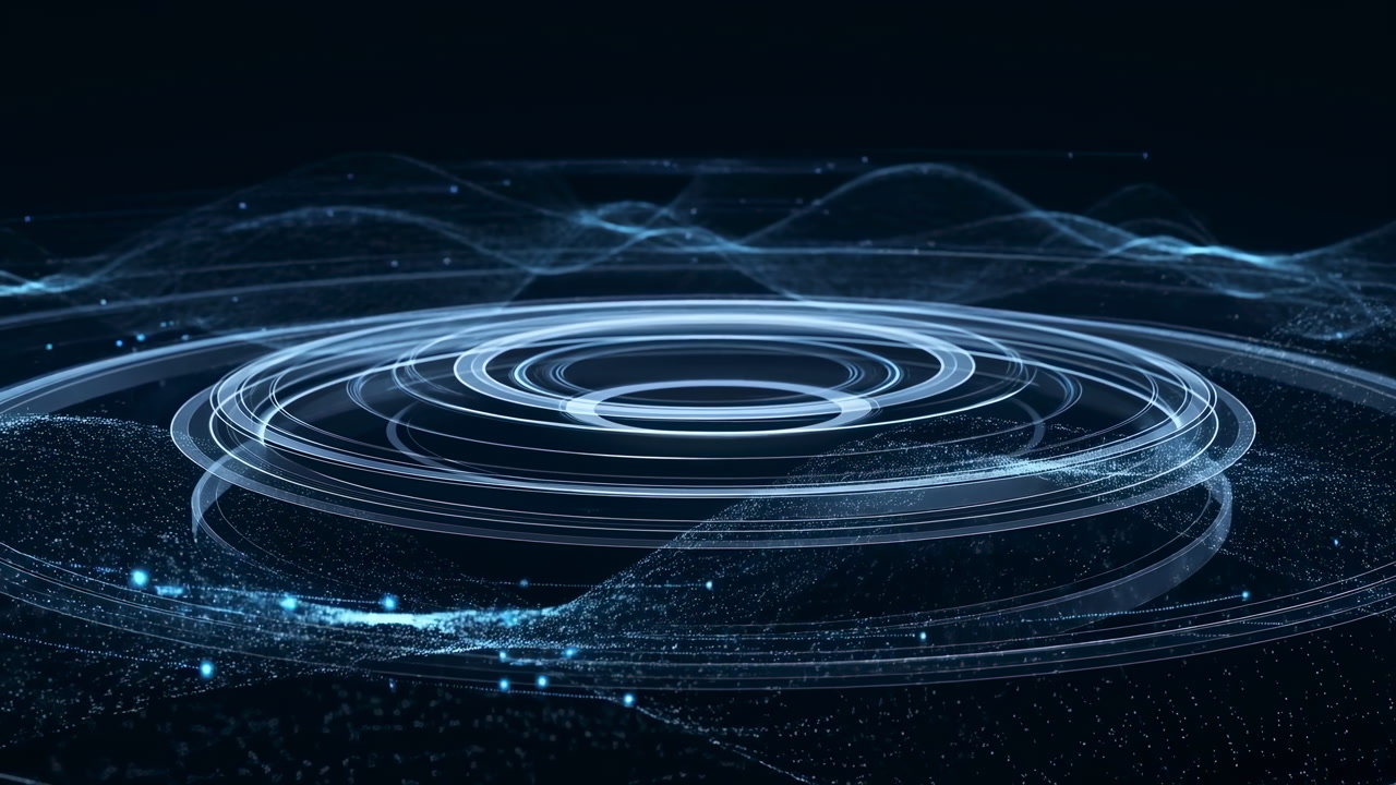 Blue Holographic Rings Over Dark Grid, Futuristic Ai Core Visualization With Rotating Concentric Interfaces,