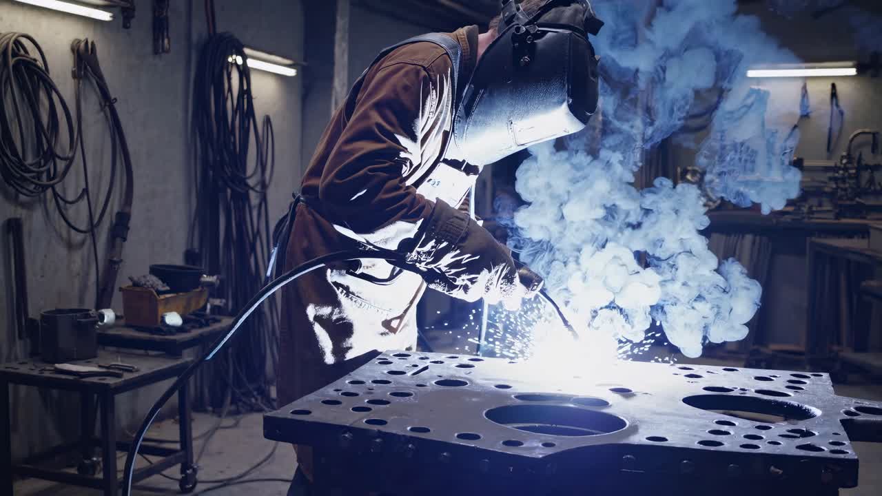 A welder in a dim workshop captured from a side angle, sparks flying