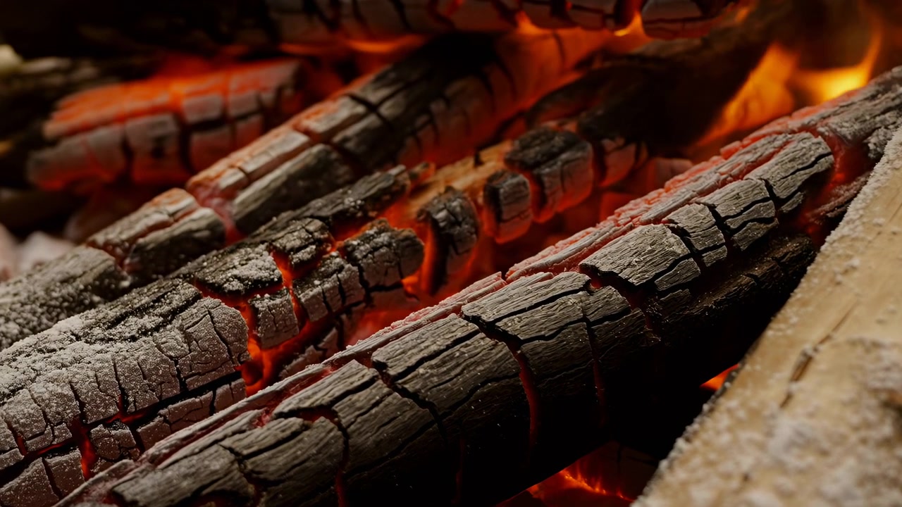 Fuoco che brucia in un caminetto interno, con ceppi e cenere, da una prospettiva ravvicinata, con accenti rossi e arancioni e un'atmosfera calda e accogliente, che mostra oggetti vicini e l'ambiente circostante.