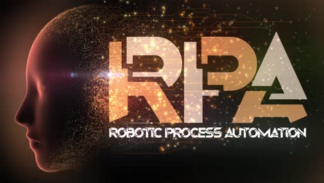 diseño de concepto gráfico animado de alta calidad que representa la tecnología de automatización de procesos robóticos con neuronas de disparo en circuitos y partículas que fluyen del cerebro ai, en un esquema de color naranja