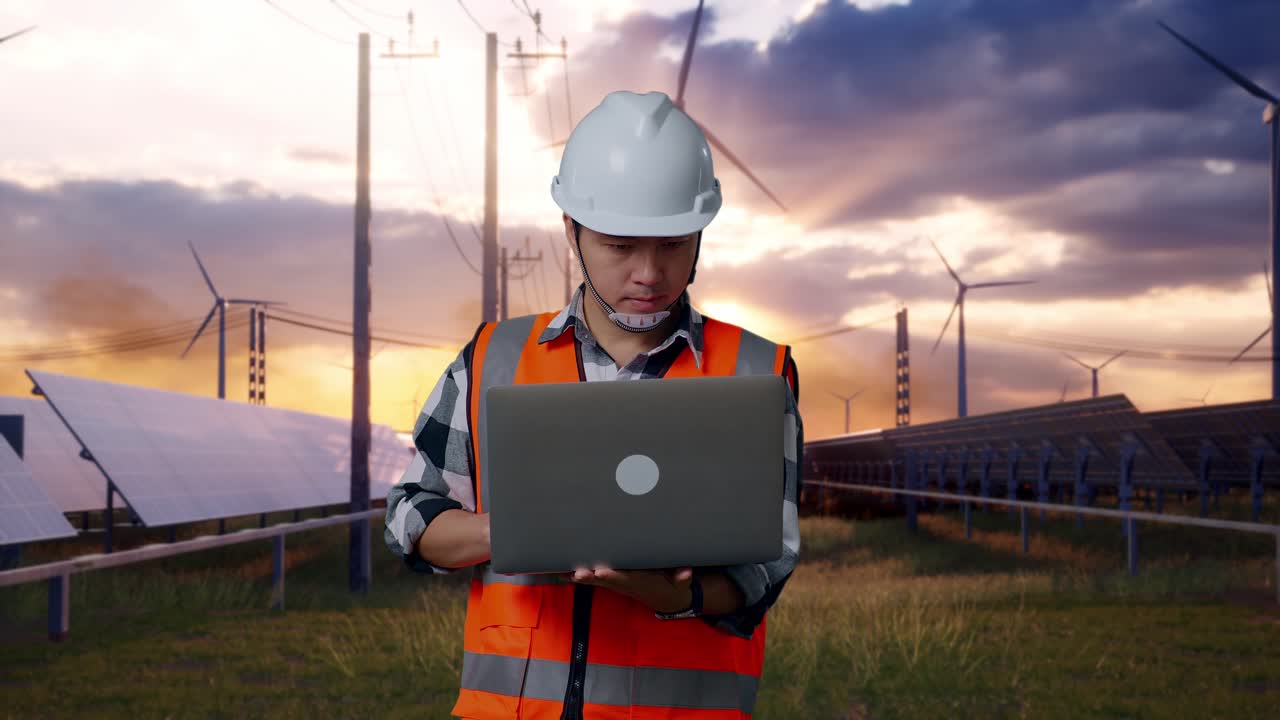 Asian Male Engineer With Safety Helmet Working On A Laptop While Standing With Solar Panel and Wind Turbines