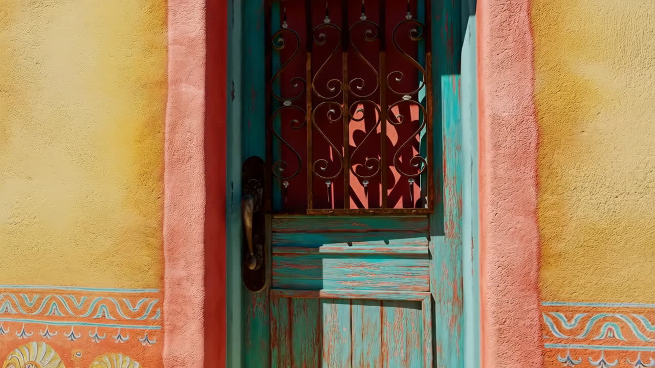 Vibrant Turquoise Door with Ornate Grate in a Colorful Architectural Setting