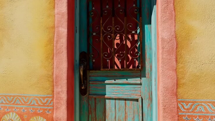 Vivace porta turchese con grata ornata in un contesto architettonico colorato