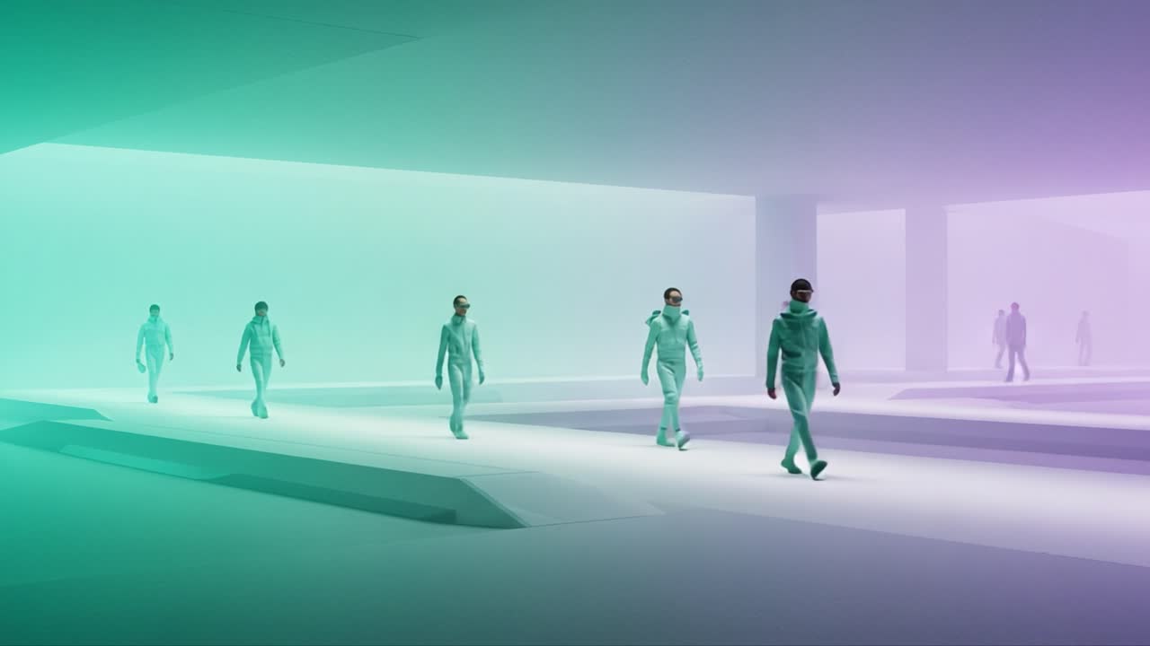 A Futuristic Scene of Individuals in Minimalist Attire Progressing Through an Ethereal Environment with Soft Lighting and Clean Architectural Lines