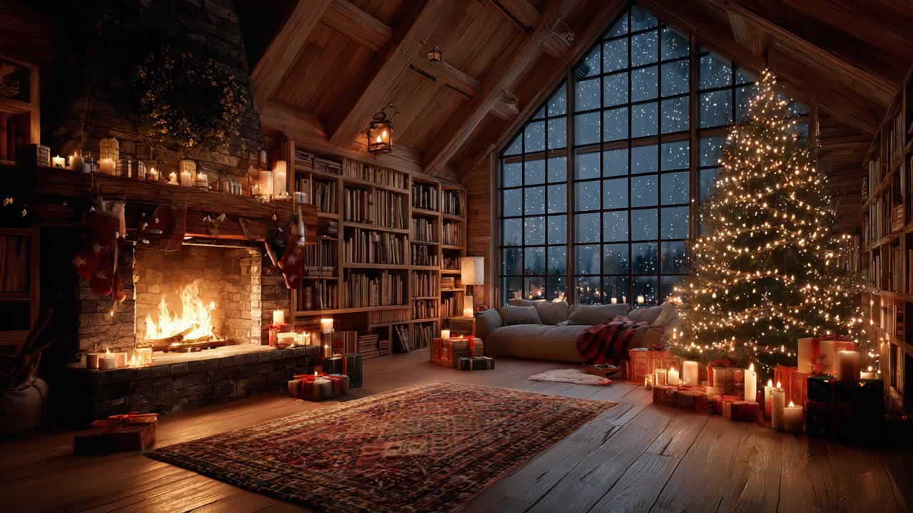 Cozy Winter Cabin Scene with Glowing Fireplace, Twinkling Christmas Tree, and Snowy Night Sky Perfect for Holiday Celebrations and Family Gatherings