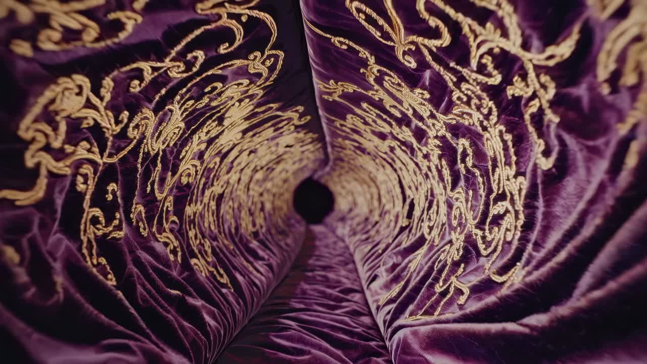 Tessuto viola decorato con ricami complessi