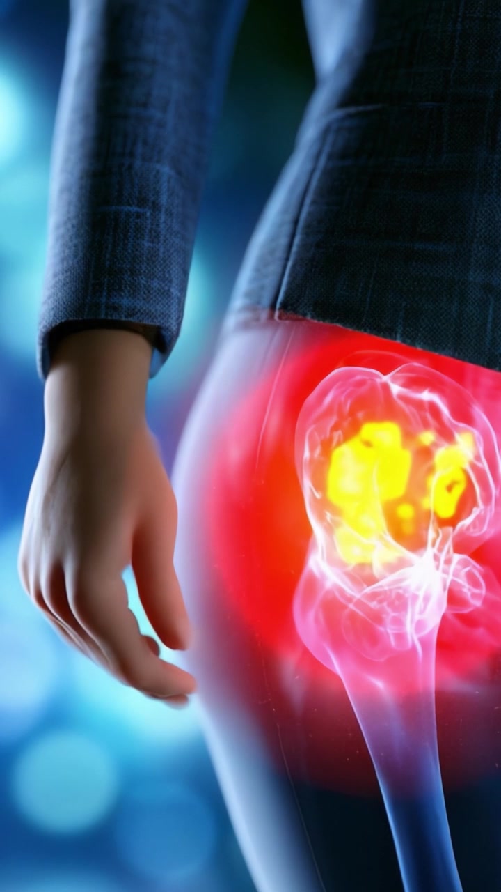 Visual Representation of Joint Pain and Inflammation: A Depiction of Discomfort in the Hip Area, Highlighting Sensations and the Impact on Daily Life Activities