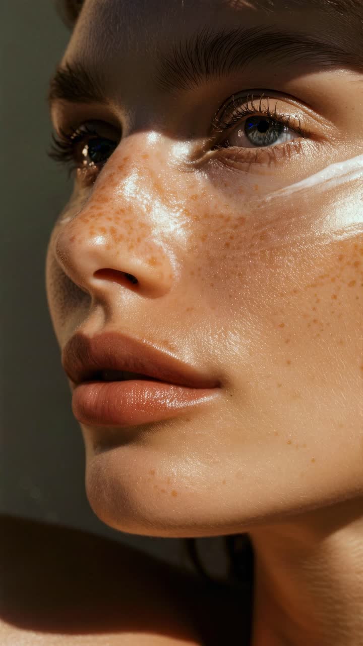 Close-up portrait video style, capturing a woman's freckled face with glossy skin