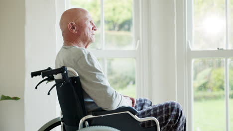 Senior-man,-thinking-and-wheelchair-by-window