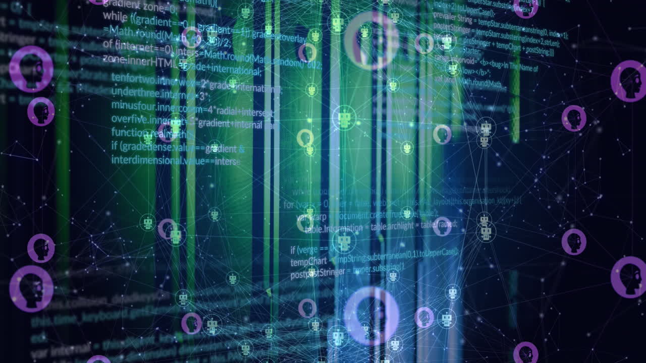 Animation of network of profile icons and data processing against computer server room