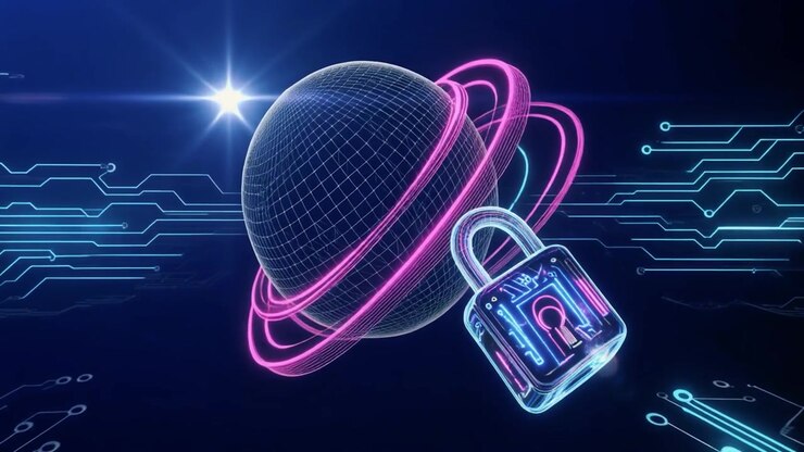 Digital Globe with Glowing Rings and Security Padlock Icon