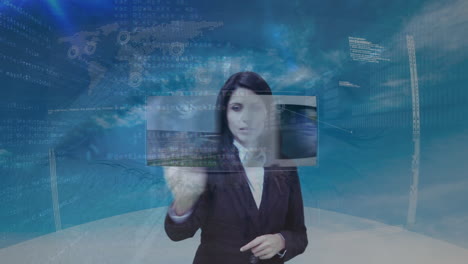 animación del procesamiento de datos financieros sobre una mujer de negocios caucásica