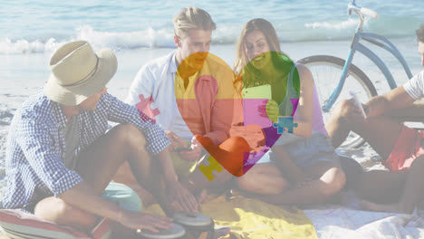 animation of colourful puzzle pieces heart over happy people on thebeach