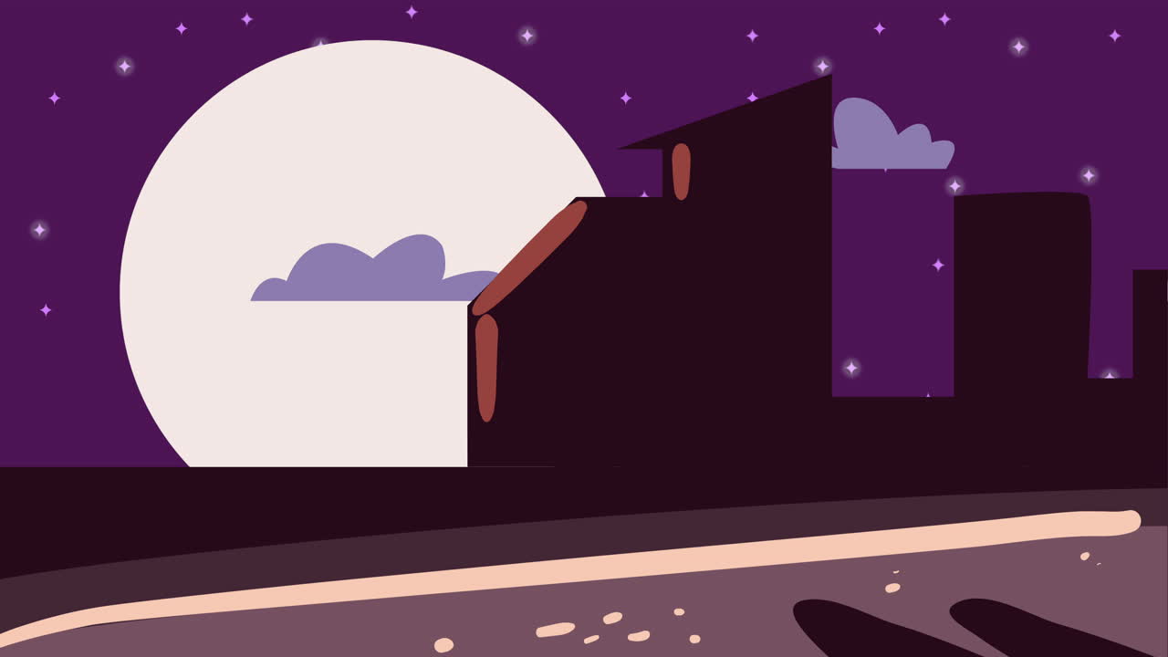 городской пейзаж с полнолунной ночной сценой