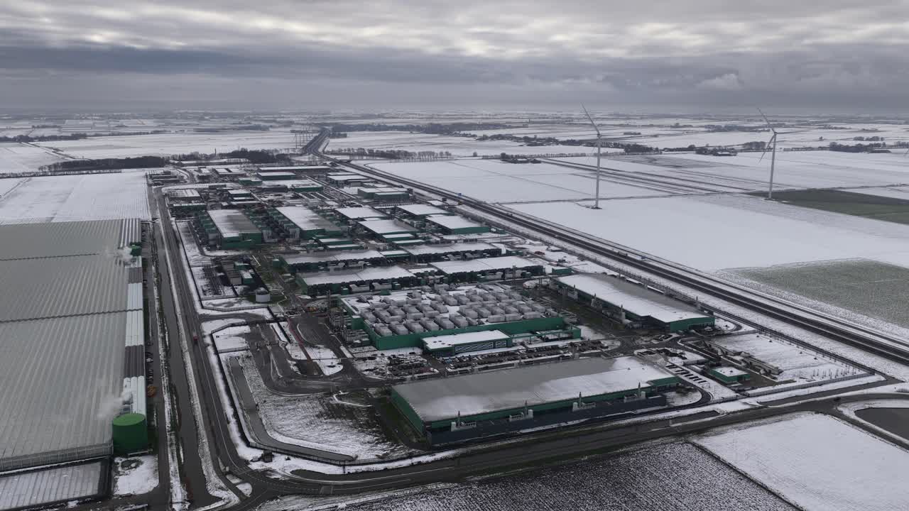 Aerial winter view of a large data computing center in Middenmeer, The Netherlands, representing digital infrastructure powering cloud services and artificial intelligence