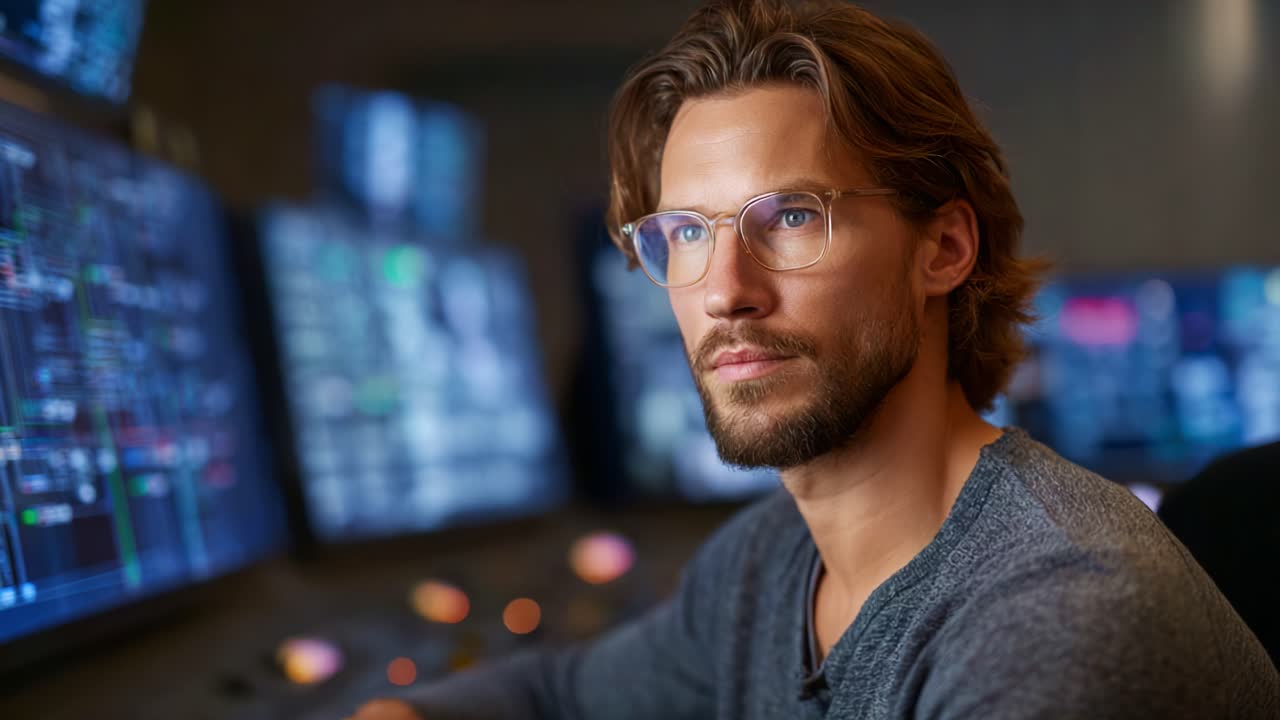 Fokusert analytiker i et høyteknologisk kontrollrom, visuelt engasjert med en rekke digitale skjermer, som viser dyp konsentrasjon og et moderne arbeidsområde