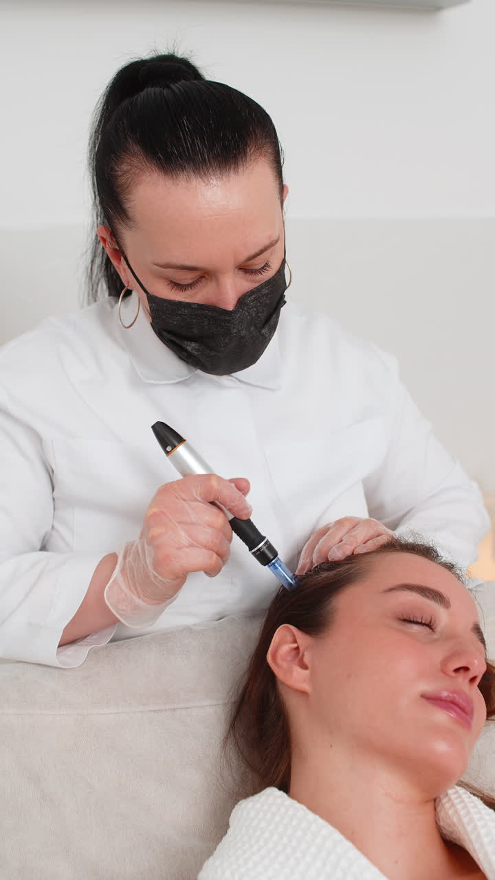 Woman receives microneedling and injections for hair growth scalp therapy in trichology clinic