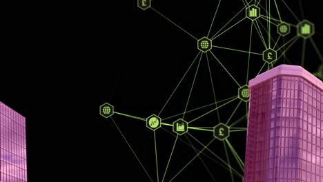 Animation-Eines-Digitalen-Netzwerks-Von-Verbindungen-Mit-Symbolen-über-Einem-Rosafarbenen-2D-Stadtbildmodell