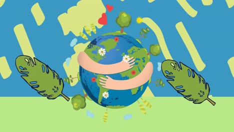 animation of arms wrapped around globe and leaves on blue background