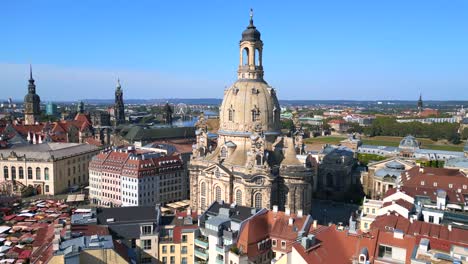 gorgeous aerial top view flight dresden city women church frauenkirche city town germany, summer sunny blue sky day 23