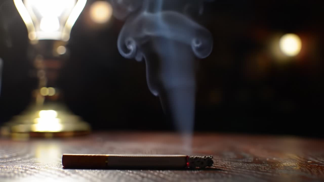 Candlelight Ambiance Enhances Smoke Drifting From a Lit Cigarette on a Wooden Table at a Cozy Bar