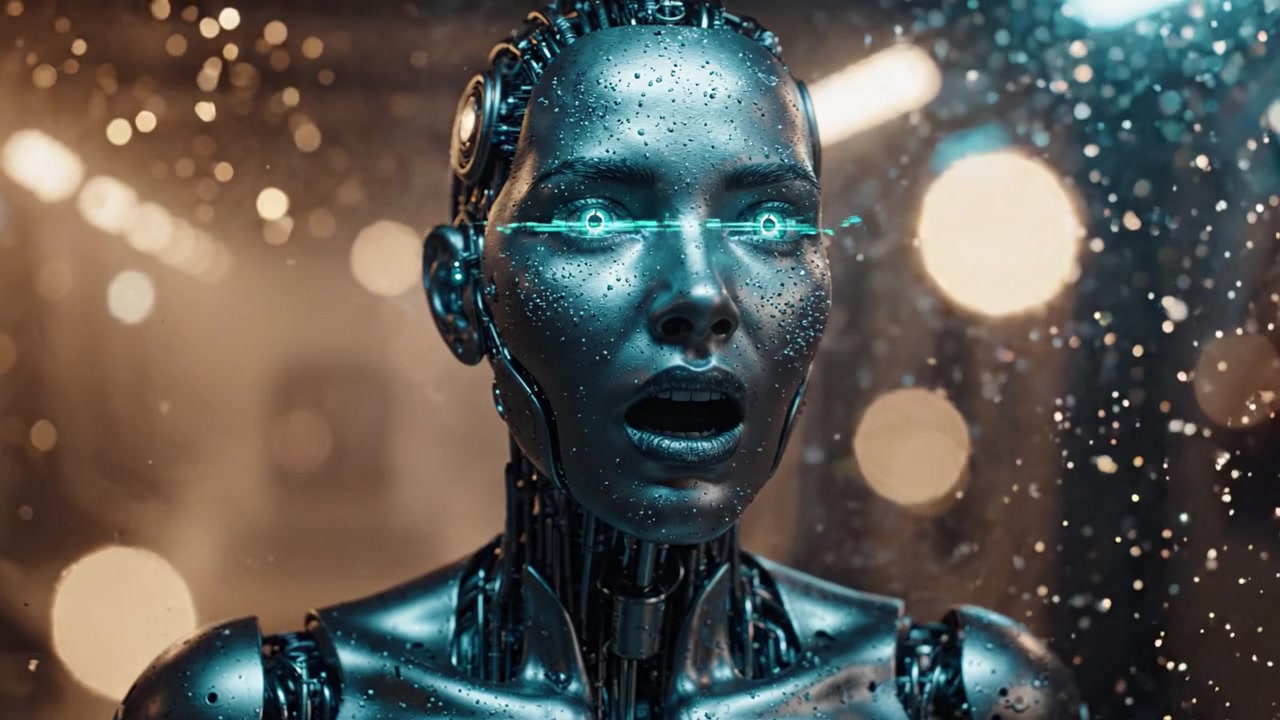 Un essere cibernetico in un momento di rivelazione all'interno di un ambiente ad alta tecnologia, circondato da goccioline d'acqua e illuminazione ambientale che ne esalta l'aspetto futuristico.