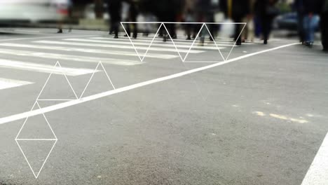 Animation-of-connected-triangles-over-time-lapse-of-people-walking-on-street