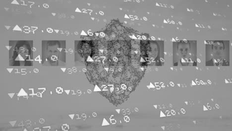 анимация обработки финансовых данных над фотографиями и щитом