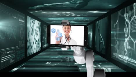 animation of medical data processing on screens with female doctor with stethoscope on screen