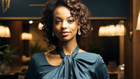 elegant woman poses confidently in stylish outfit in upscale venue