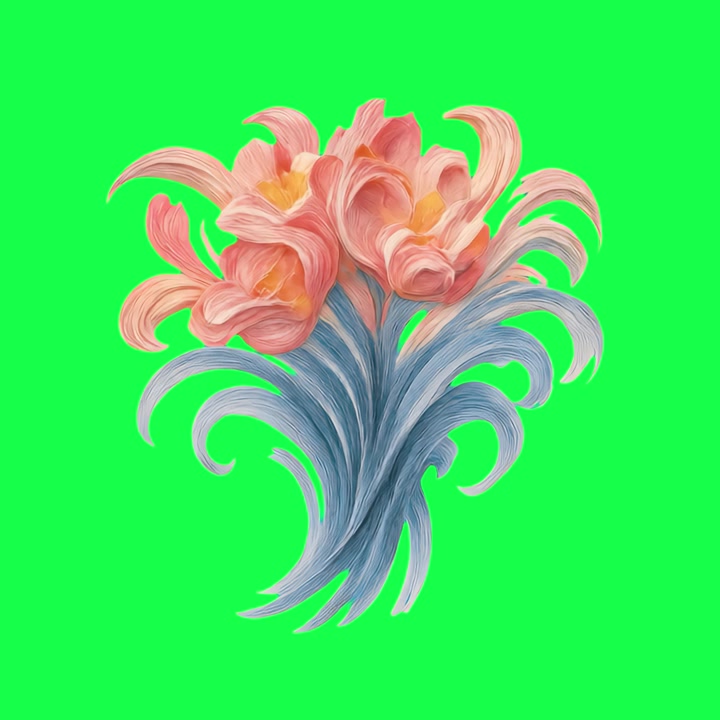 Animeret blomsterillustration med lyserøde blomster og blå blade på greenscreen