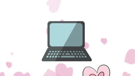 animation of falling hearts icons falling over laptop on white background