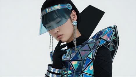 futuristic fashion statement: a model showcasing a unique, geometric costume with reflective elements, highlighting modern design and creative style